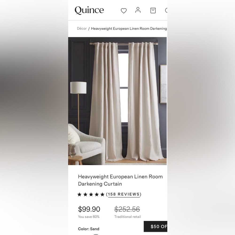 NWOT QUINCE 48x96 Heavyweight European Linen Room Darkening Curtain Sand 9409
